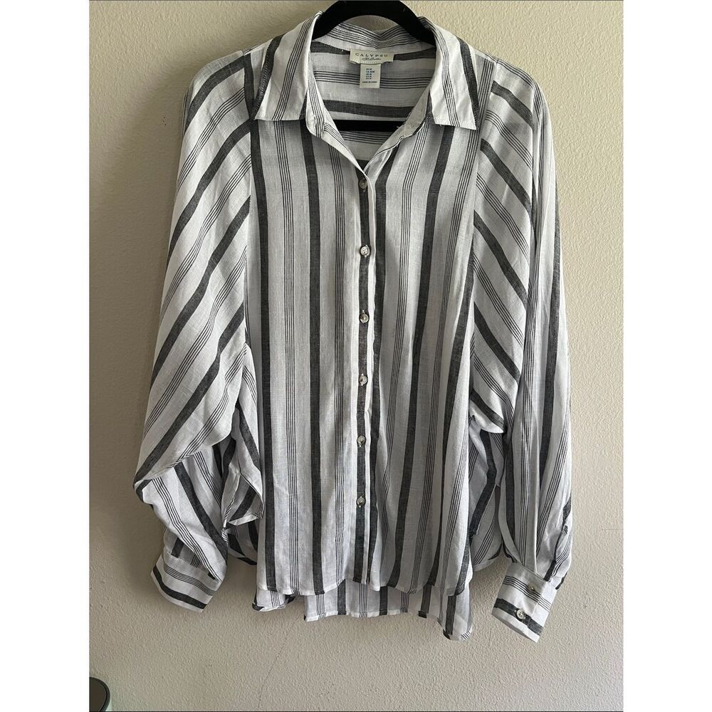 Calypso St Barth Linen Blend Striped Button Front Shirt White Gray Medium Boho M